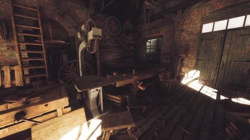 Woodworking Workshop Filled with Tools and Wooden Carts in an Old Building