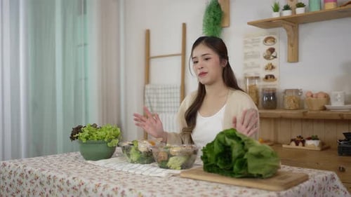 Woman Talking About Salad in Kitchen