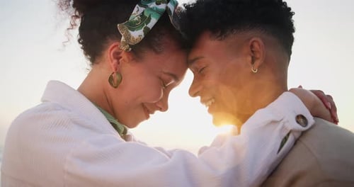 Couple, embrace and sunset or love outdoor on holiday for bonding relationship, connection or happy