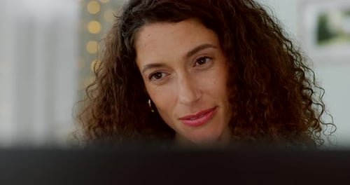 Computer, research and business woman with website, graphic design or social media marketing report