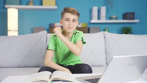 Thinking boy comes up with an idea and makes a positive gesture at the camera.