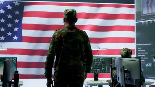 American Military Personnel Supervising Cyber War Activity in High Tech Office