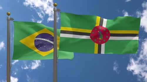 Flags of Brazil and Dominica Waving in the Wind