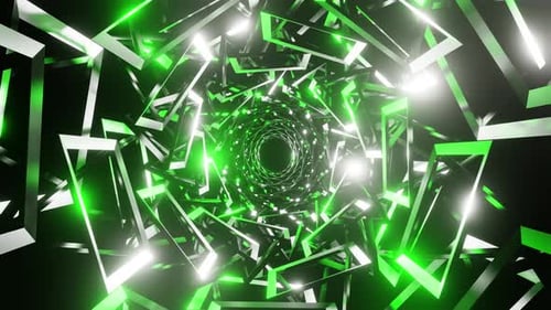 Spiral abstract edges rotating and flickering green and white lights 3d render. Vj loop swirls