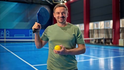 Un hombre con una camiseta verde posando después de jugar al pickleball en una cancha azul, dentro de una cancha