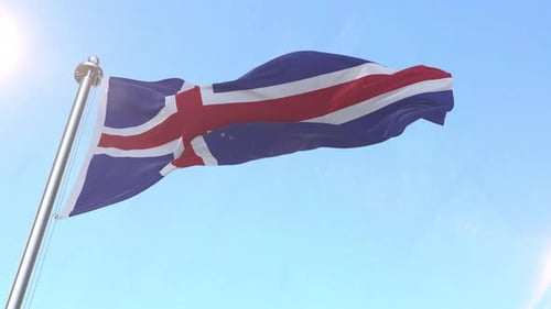 Realistic Flag of Iceland Waving in Blue Sky