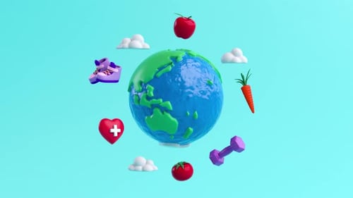 3D Animated Globe with Health, Food, and Fitness Icons