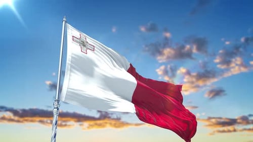 Realistic Malta Flag Waving in Wind Against Blue Sky Loop