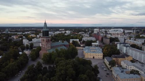 Old church on a cloudy evening. Drone shot