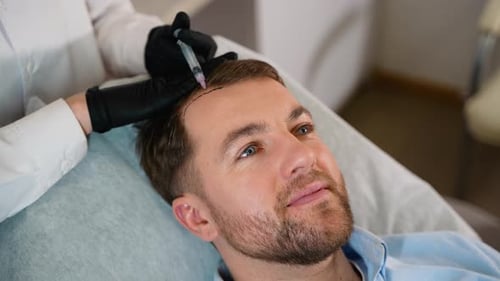 Man Receiving Hair Restoration Injection at Trichologist Clinic