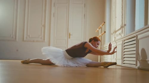 Ballerina Dancing in Ballet Studio Graceful Professional Classic Ballet Dancer Woman Sitting on