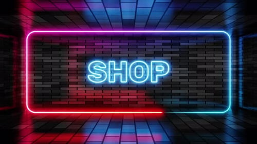 Neon sign shop in speech bubble frame on brick wall background 3d render. Light banner on the wall
