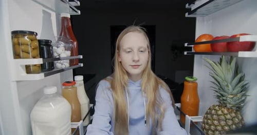 Girl Eats Brownie from Refrigerator at Night