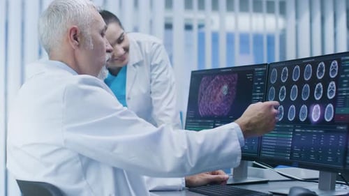 Zwei Mediziner diskutieren im Labor über CT/MRT-Gehirnscan-Bilder auf einem PC.