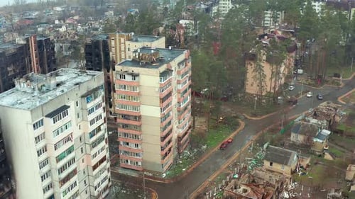 Aerial view of the destroyed and burnt houses. Houses were destroyed by rockets Russian soldiers.