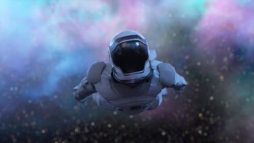 Astronaut Floating in Cosmic Nebula with Shimmering Stars
