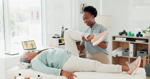 Physiotherapy, health and woman in recover clinic, leg lift exercise with healthcare professional