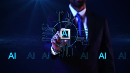 Artificial Intelligence Concept with Businessman in Suit and Digital AI Text Overlay