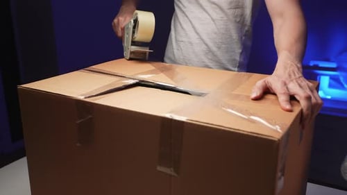Man Sealing Cardboard Box with Tape Dispenser