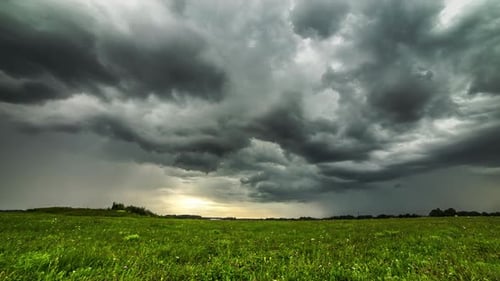 Schwarze Gewitterwolken wehen im Zeitraffer über die grüne Wiese mit Blick auf Waldbäume im Spa