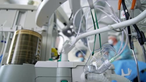 Medical system in the intensive care unit. Modern machine ventilator in hospital.