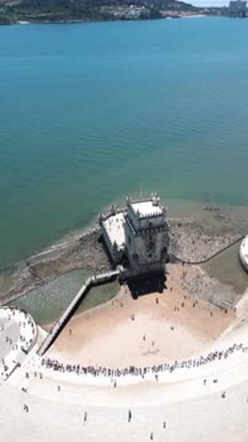Aerial view of Belem Tower on Tagus river in Lisbon, Portugal Evening time
