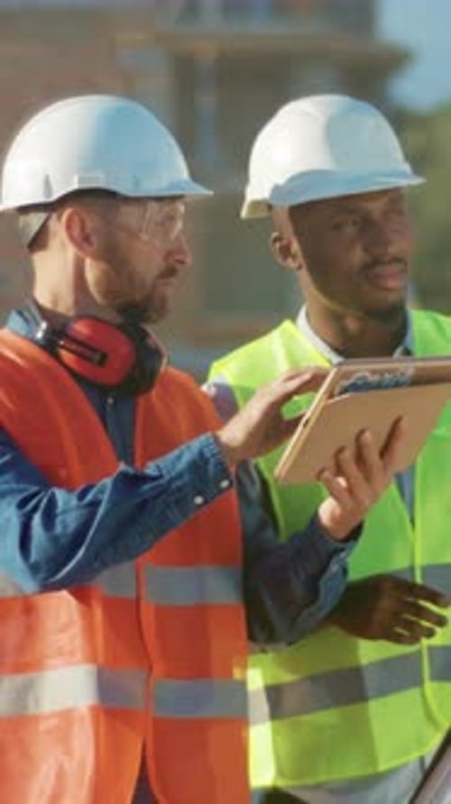 Construction Manager and Surveyor Jointly Examining Blueprint Details and Safety Procedures on Sunny