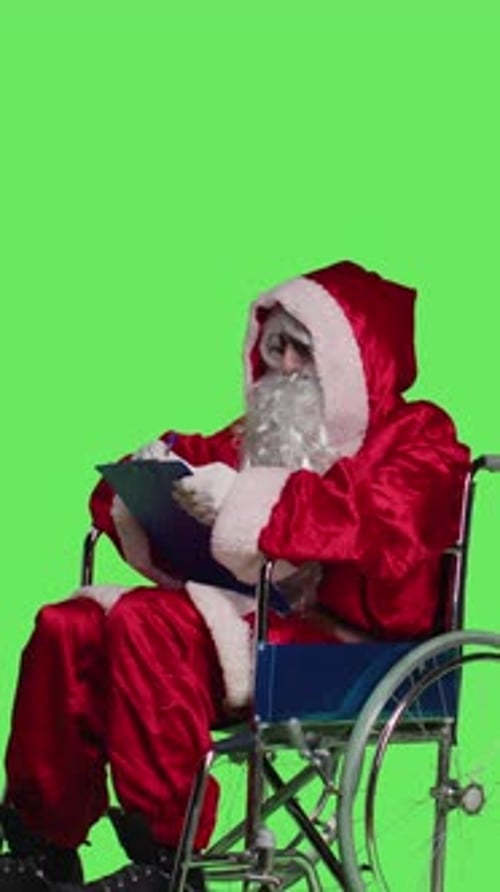 Vertical Video Side View of Paralyzed Santa Character on Greenscreen
