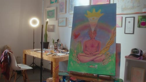 Modern Art Buddha Painting on Canvas in Creative Studio