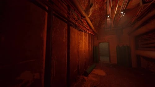 Decaying Factory Passage Filled with Hazardous Gas Containers