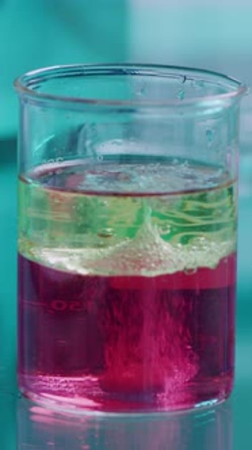 Science, chemistry and sample with beaker in laboratory for medicine, pharmacy or illness cure