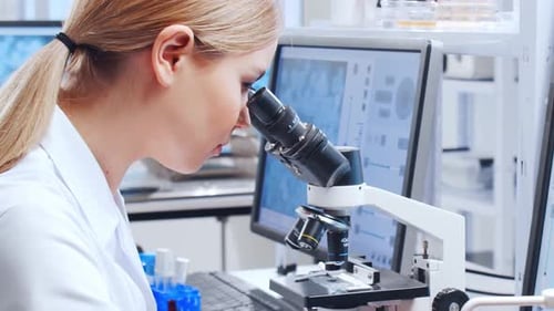 Focused Scientist Examining Samples Under Microscope in Lab