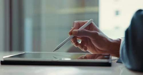 Pen, tablet and hands of business worker in office for website, research and online project