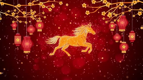 Golden Horse with Red Lanterns Chinese New Year Animation