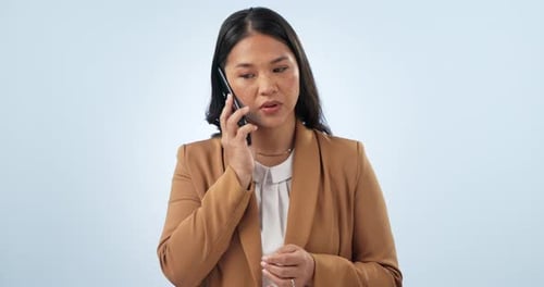 Phone call, scam and business woman frustrated from phishing, problem and fail talk in studio