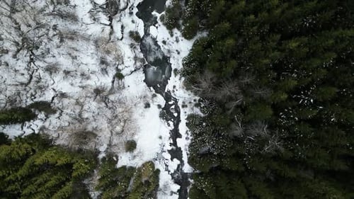 Aerial View of an Icy River Flowing Through Snowy Forest