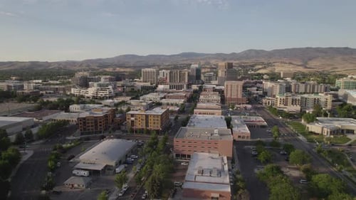 Buildings of varying heights dot the horizon in downtown Boise Idaho