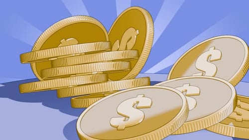 Cartoon style gold coins fall into a pile. Money, bank, loans. Coin for casino. Donations.