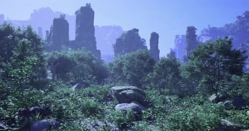 Ruins Surrounded By Lush Greenery in a Mystical Forest at Twilight
