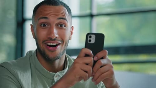 Close Up Male Man African Businessman Guy Entrepreneur Looking Mobile Phone Reading News Email