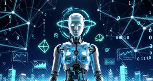 Ai Robot In The Background Technological City And Flowing Code