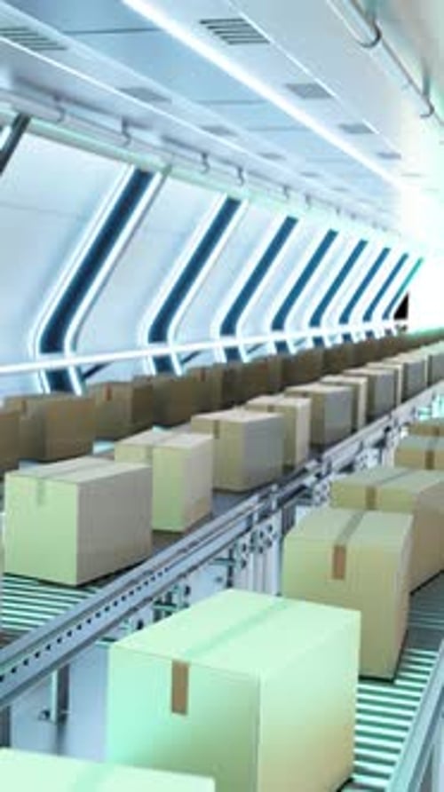 3D Animation Loop of Carton Boxes on Conveyor System in Modern Factory