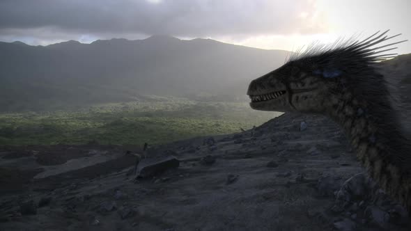 Dromeosaurs in the shadow of a volcanic landscape, Nature Stock Footage ...