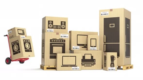Animated Cardboard Boxes with Appliance Icons for Product Delivery Concept