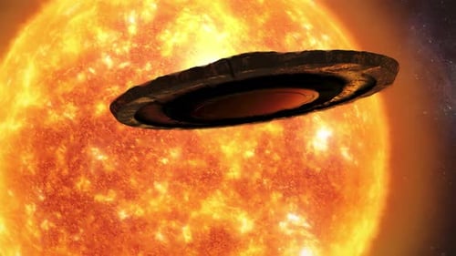 Flying saucer flying away from the sun,4K