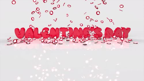 Glossy 3D Valentine's Day Text with Falling Heart Confetti