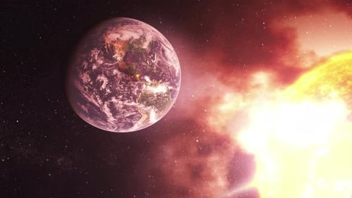 Planet earth close to the sun burning and dying.