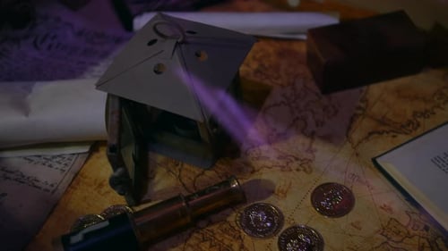 Antique Map and Coins with Vintage Telescope