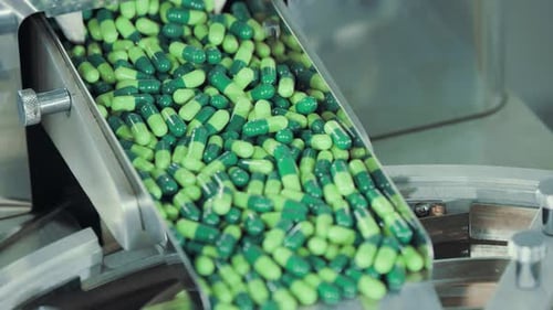 Green capsules move along the metal automatic conveyor