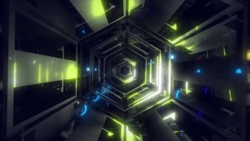 Futuristic Hexagonal Tunnel Glowing Lights Dark Spaceship Corridor Virtual Reality 3D Animation